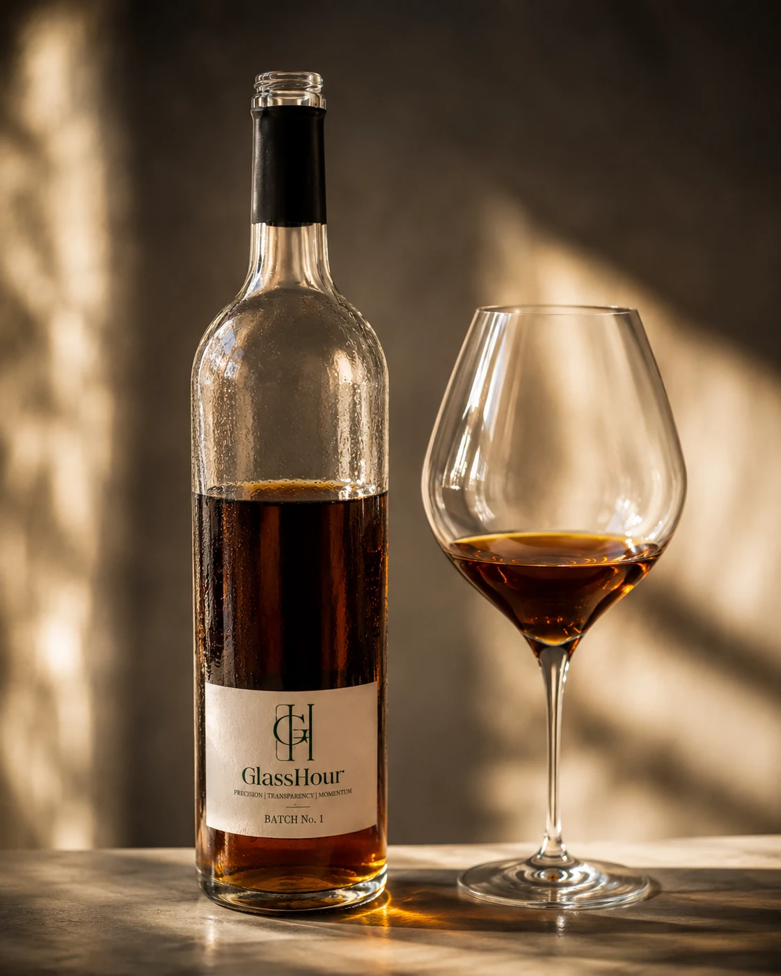 GlassHour Batch No.1 wine bottle and glass